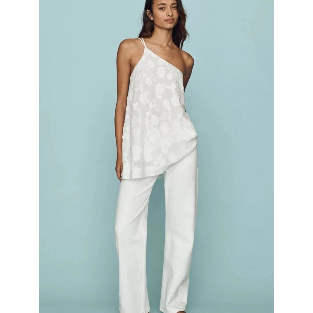 Anthropologie By Maeve One-Shoulder Floral Tunic Top Jacquard White M 290433